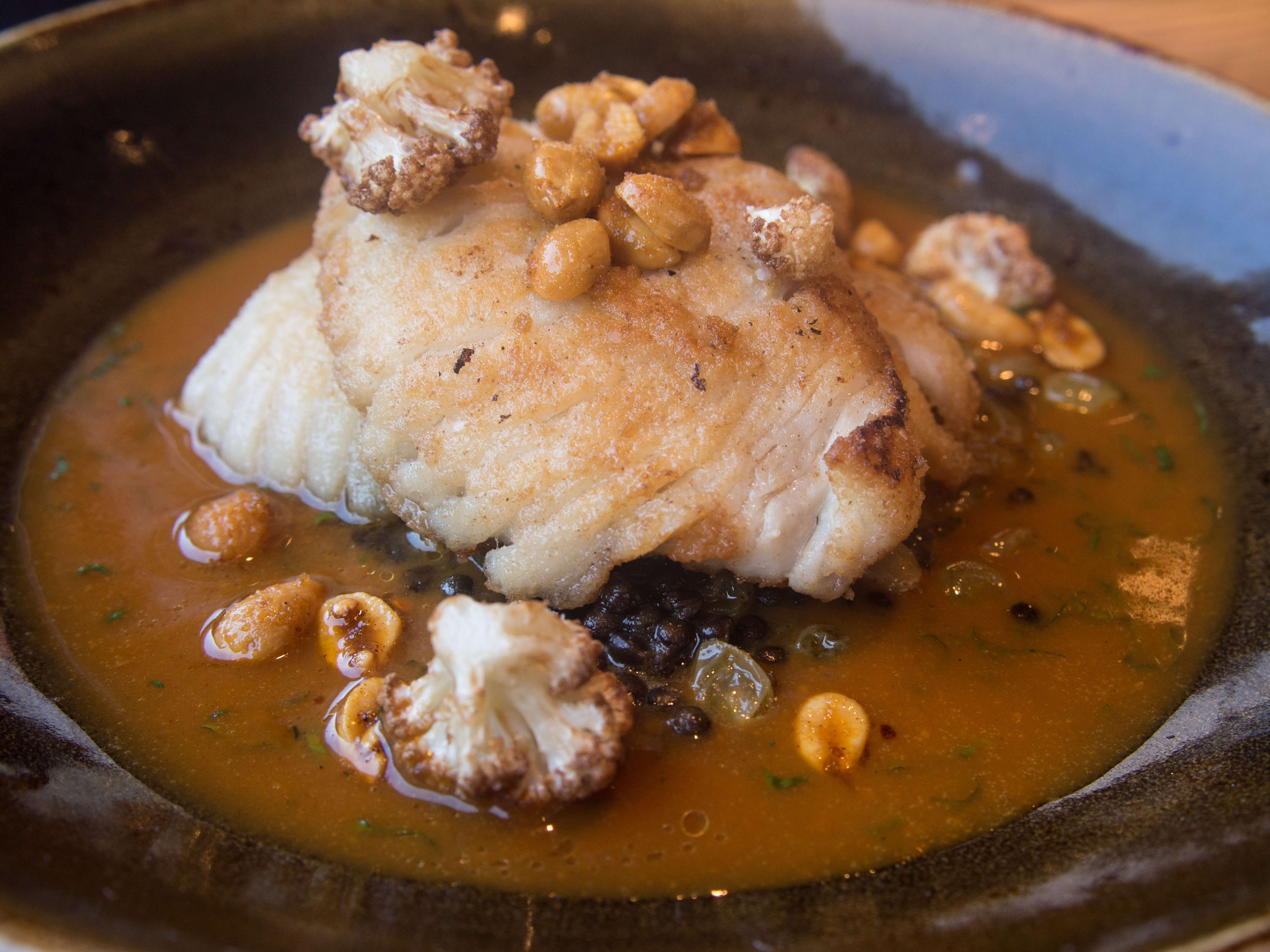 skate wing with lentils, cauliflower, peanuts, and curry