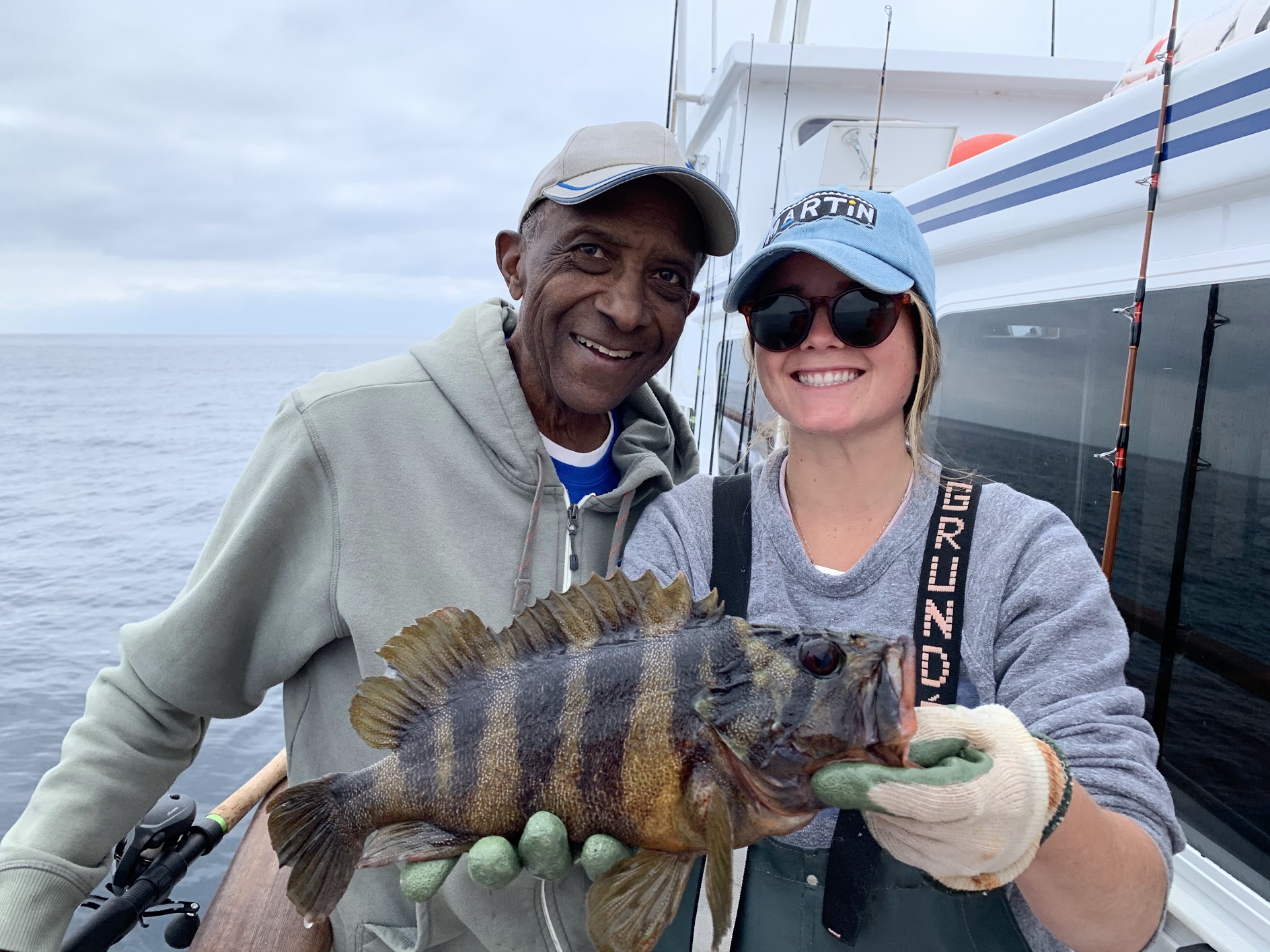 Fishermen with a large treefish caught while fishing with the CCFRP group. All fish are released after the researchers collect data on their size and location.