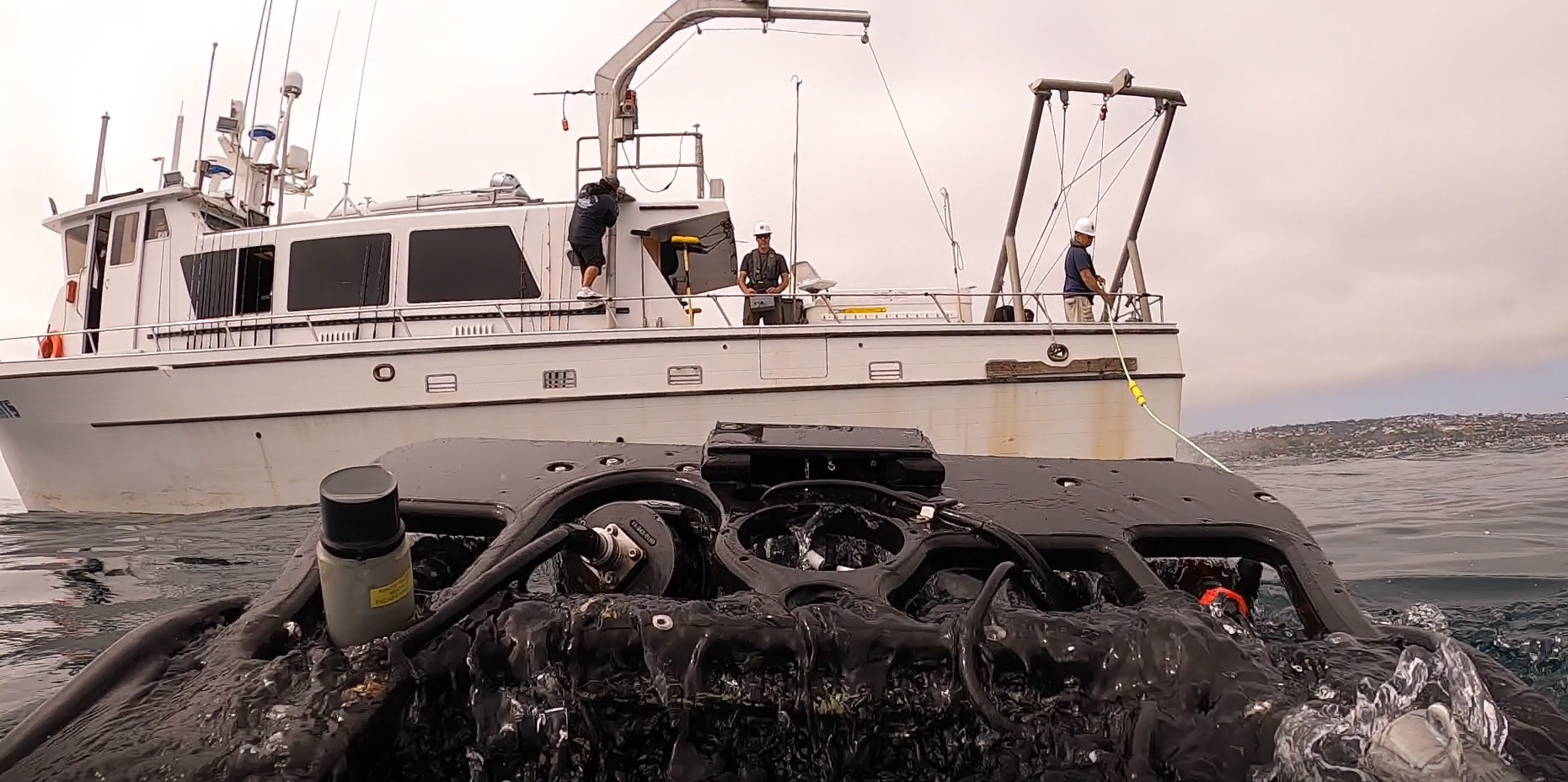 A view of the research vessel from one of the remotely operated vehicle's many cameras.