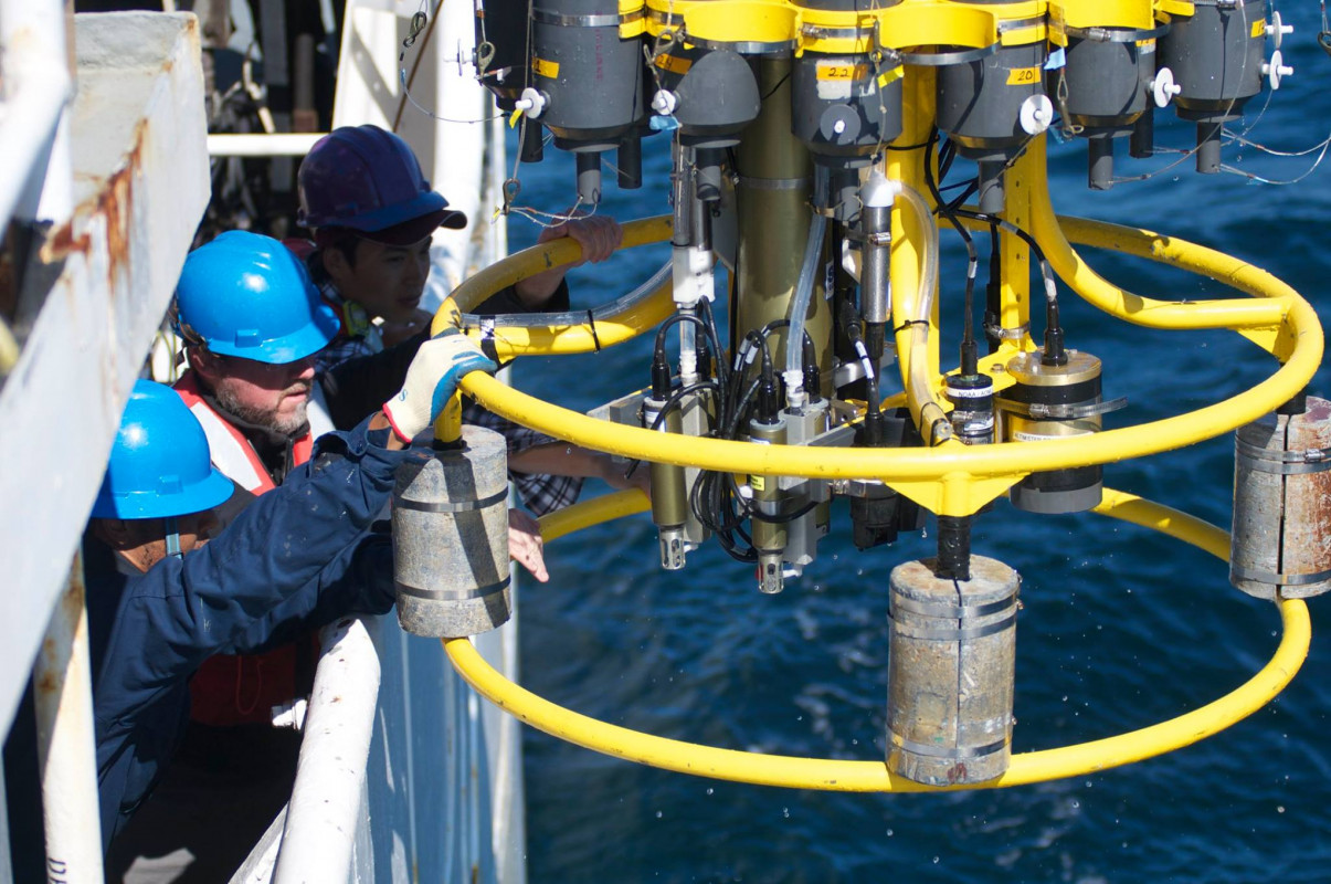  Researchers launch CTD equipment to better understand ocean acidification and hypoxia. Photo Credit - NOAA Ocean Acidification Program 