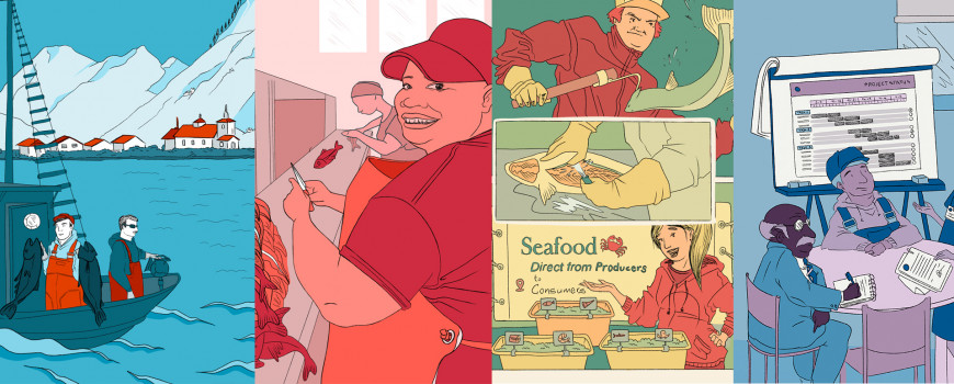 illustrations of fishing industry, colorful and international