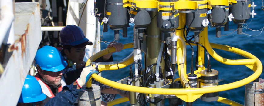  Researchers launch CTD equipment to better understand ocean acidification and hypoxia. Photo Credit - NOAA Ocean Acidification Program 
