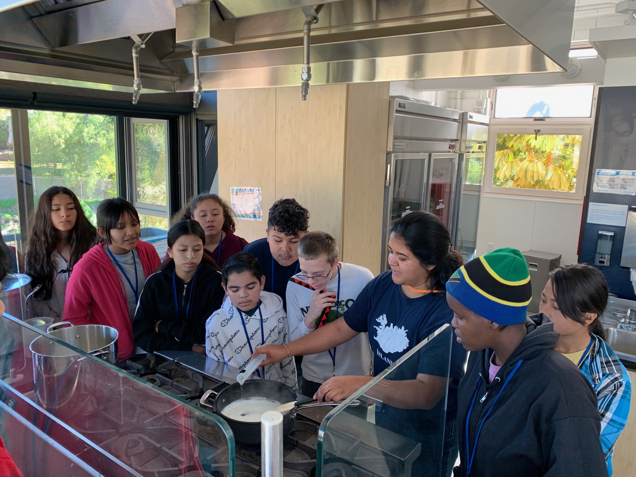 students watching a demonstration over a stove