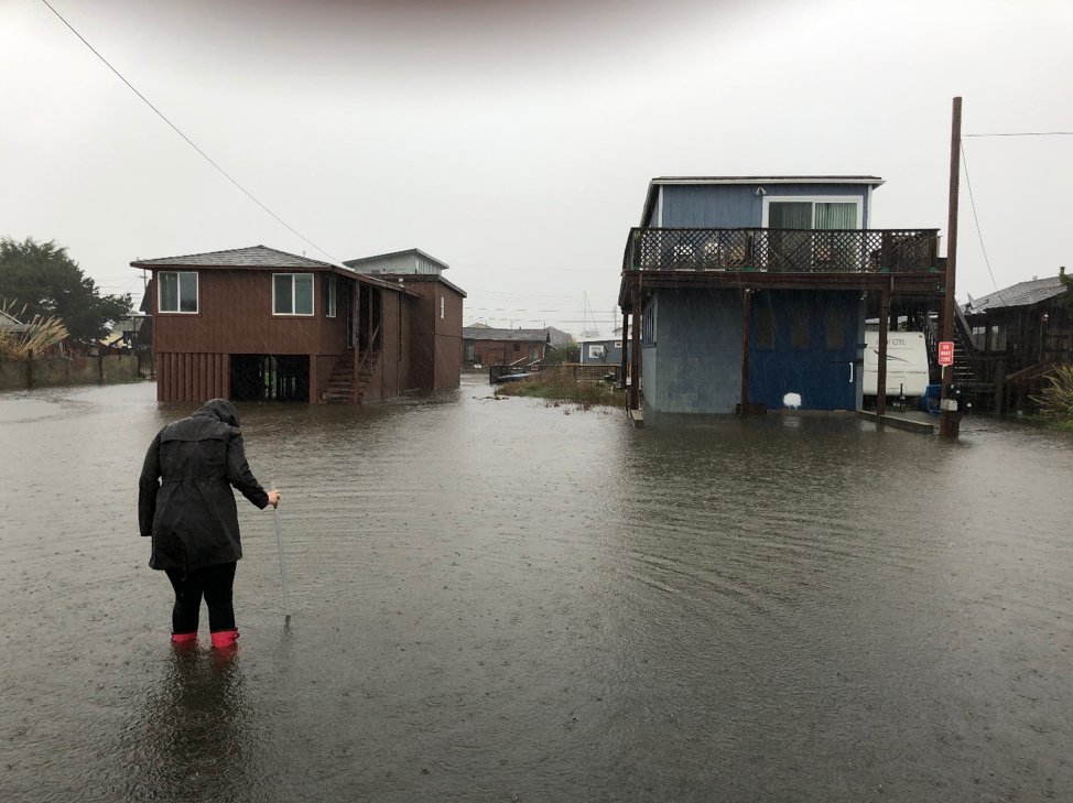 Woman standing by houses and measuring flood water