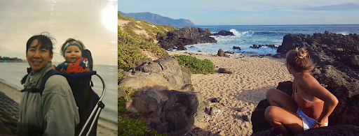 Left image of a woman carrying a baby on her back, and right image of a woman sitting on the beach