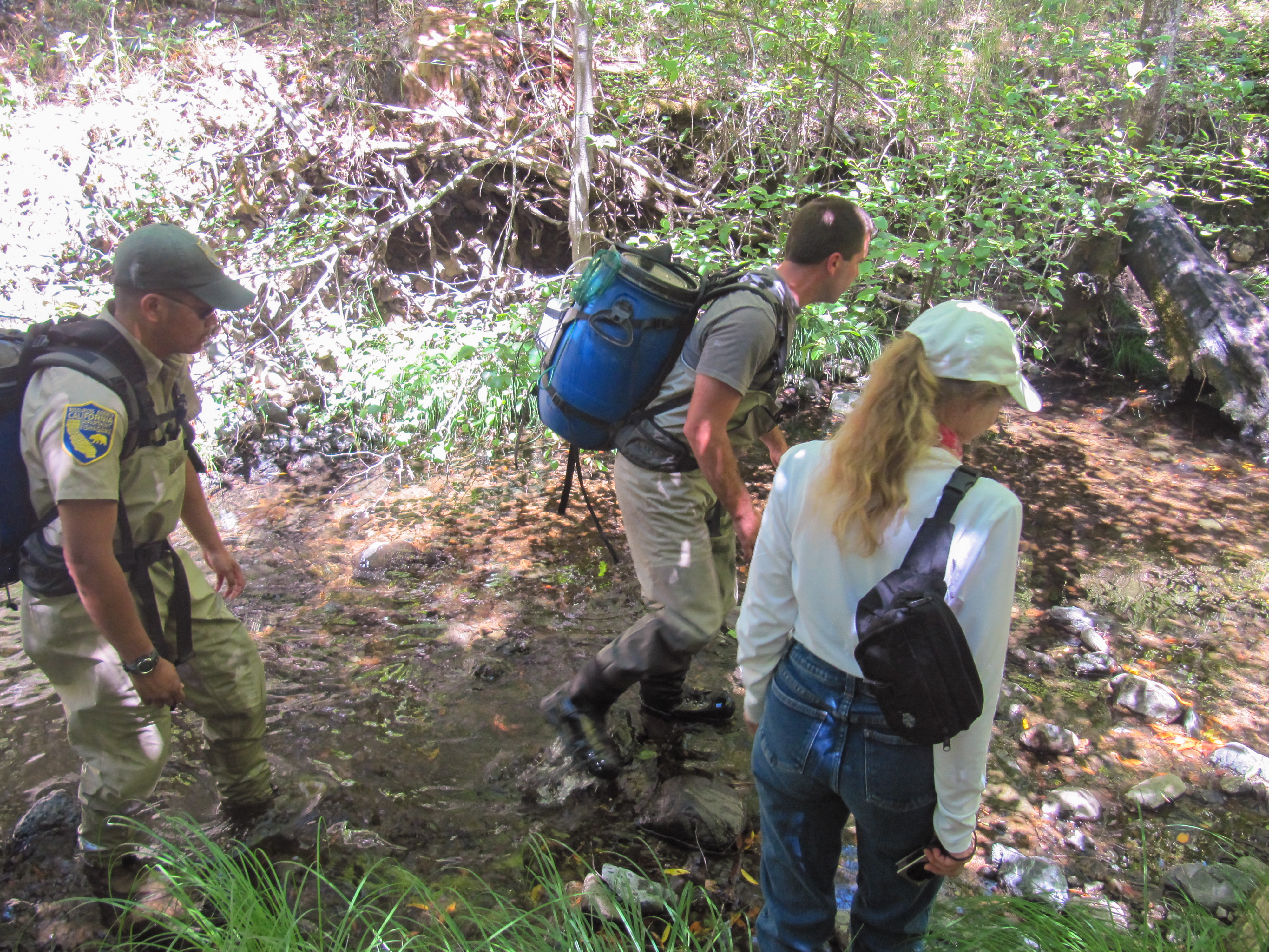 Landowner Nancy Summers with members of the coho broodstock team