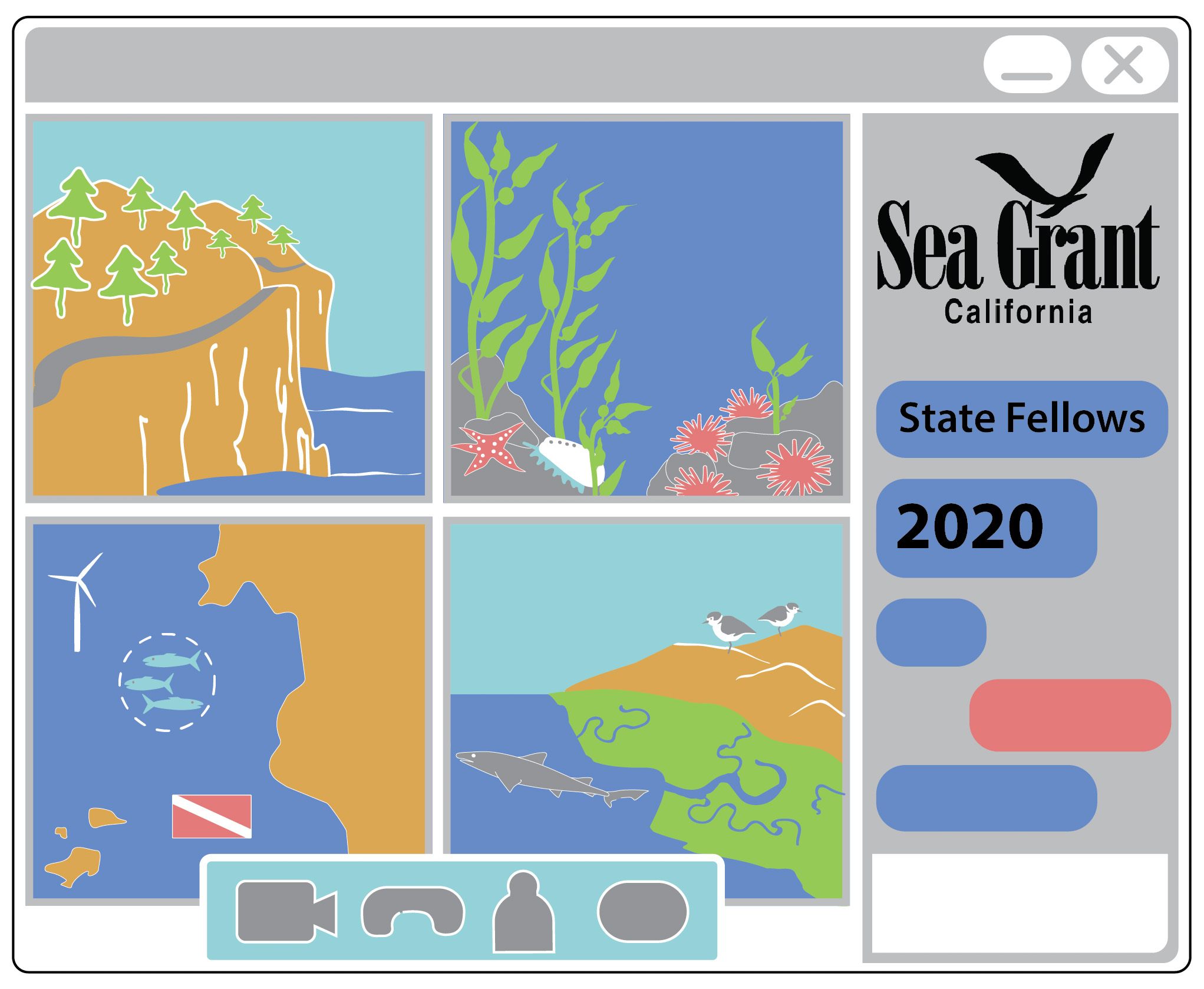 Graphic drawing of a zoom screen with coastal images in the windows