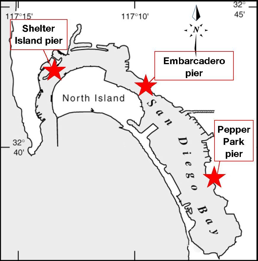 Map of three public fishing pier survey sites in San Diego Bay.