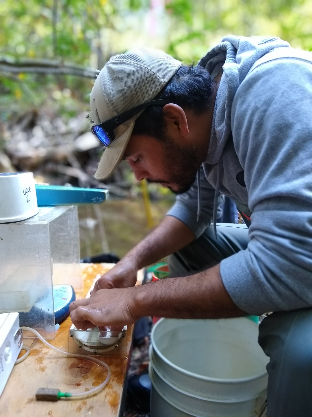 Intern Tyson Cummings measures a juvenile salmonid. 