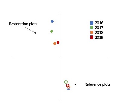 nMDS plot of restoration and reference plant communities.