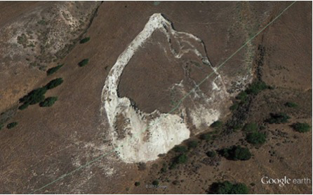 The Monterey Shale Formation is exposed on the surface throughout the northern headwaters of Malibu Creek.  Note the color, largely due to its extraordinarily high salt content. Credit: R. Orton 