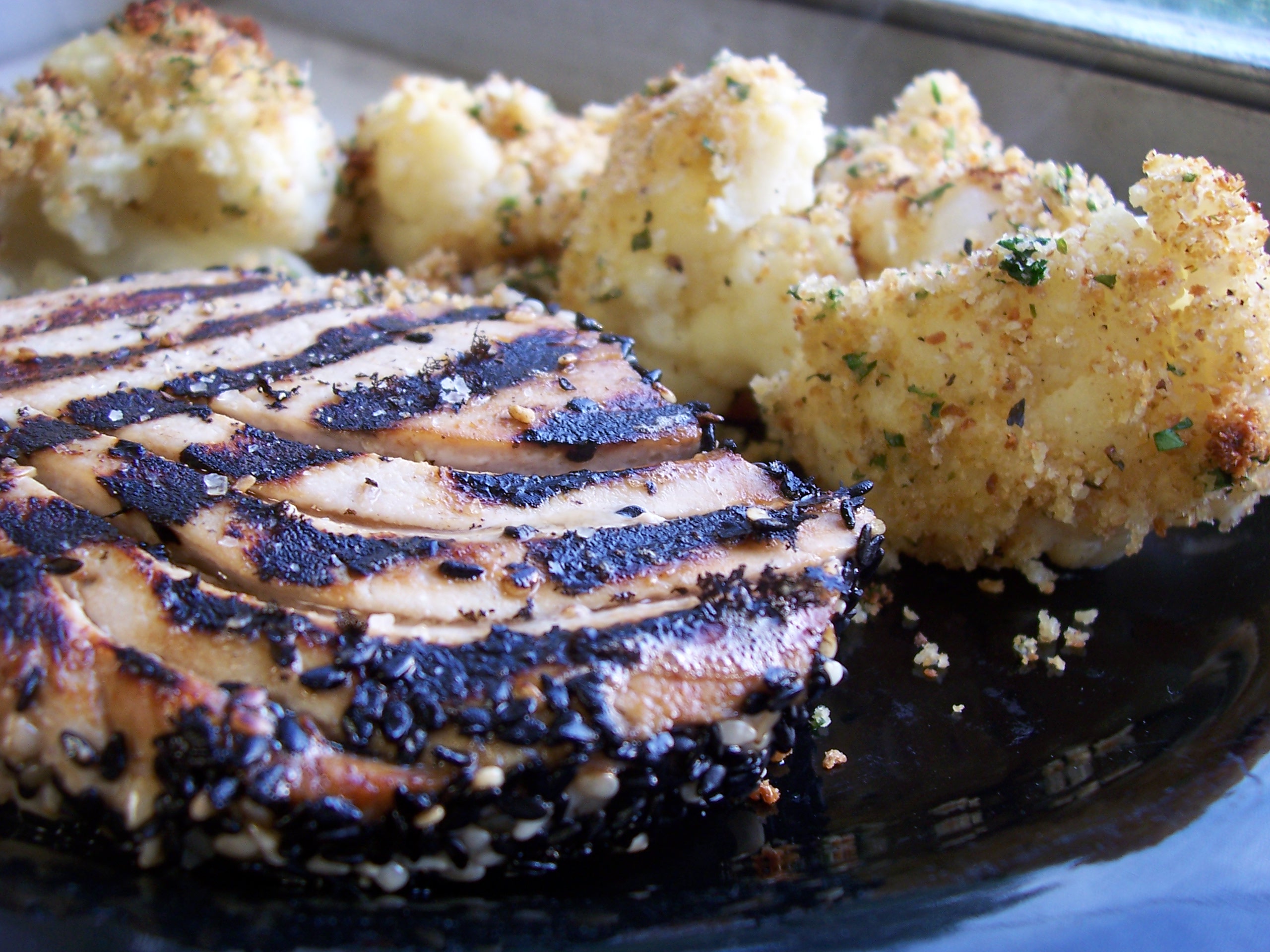 seared yellowfin tuna steak with roasted cauliflower